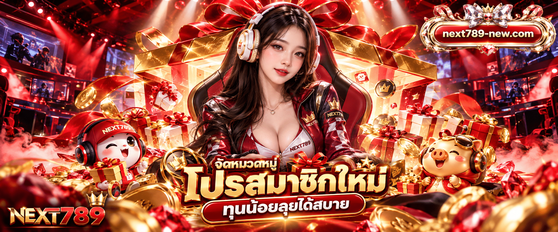 ภาพกล่องของขวัญโบสีแดงขนาดใหญ่กำลังเปิดออกมีแสงสปอตไลต์ส่องลงมาข้างโมเดลตัวการ์ตูนน่ารักบนเว็บ NEXT789 โปรสมาชิกใหม่ ทุนน้อย