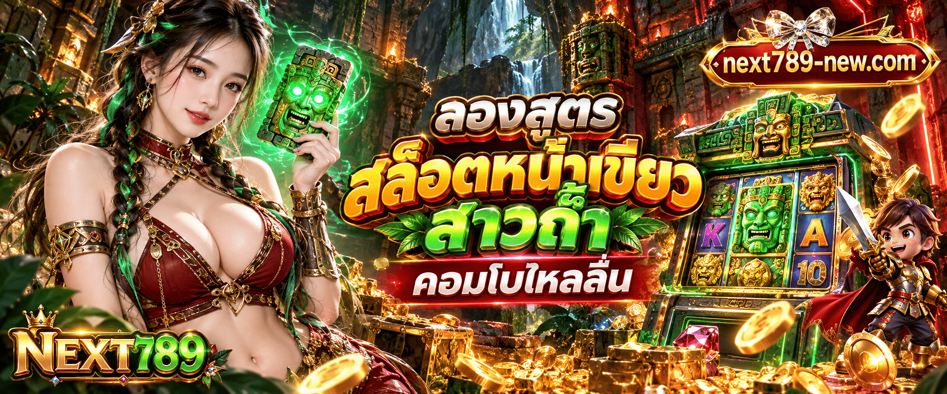 ภาพตัวการ์ตูนอัศวินถือดาบยืนอยู่ข้างตู้สล็อตแมชชีนสามมิติสีสันสดใสชวนลอง สูตรสล็อตหน้าเขียวสาวถ้ำ NEXT789 ในธีมโบราณ