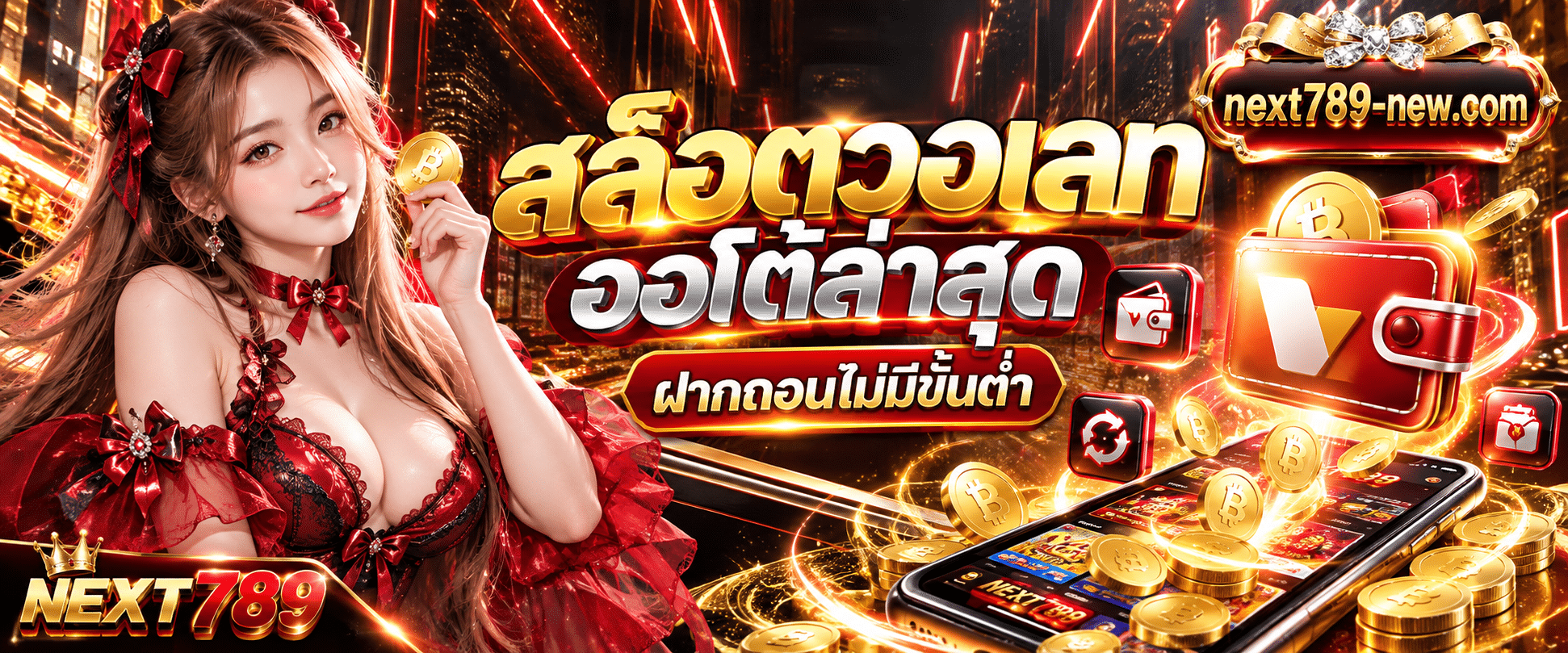 ภาพโลโก้กระเป๋าเงินดิจิทัลแบบสามมิติกำลังโอนเหรียญทองเข้าหน้าจอสมาร์ตโฟนของเว็บ สล็อตวอเลทออโต้ล่าสุด next789